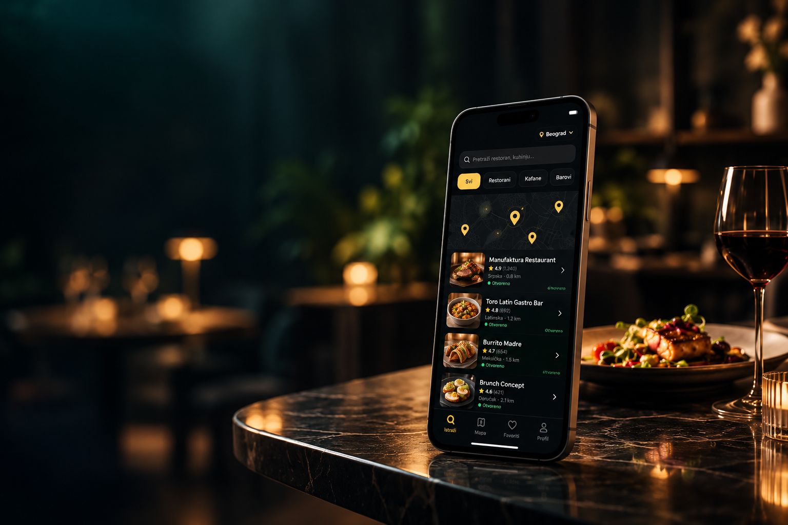 Klopio app on a phone next to a dinner plate